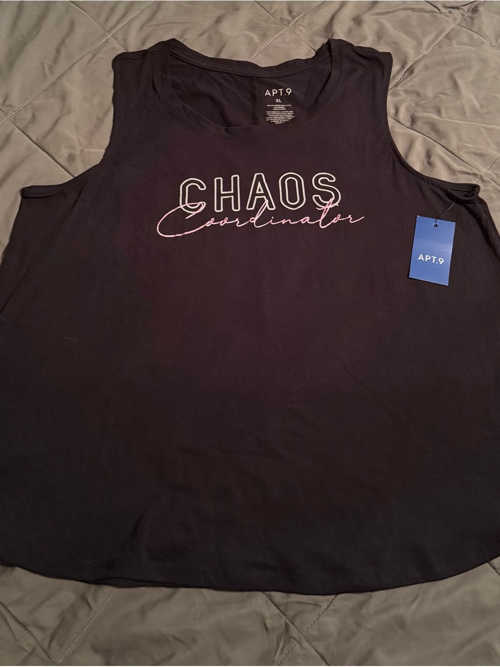 Apt. 9 Women’s Crewneck Graphic Tank, Chaos Coordinator, Size XL, Black